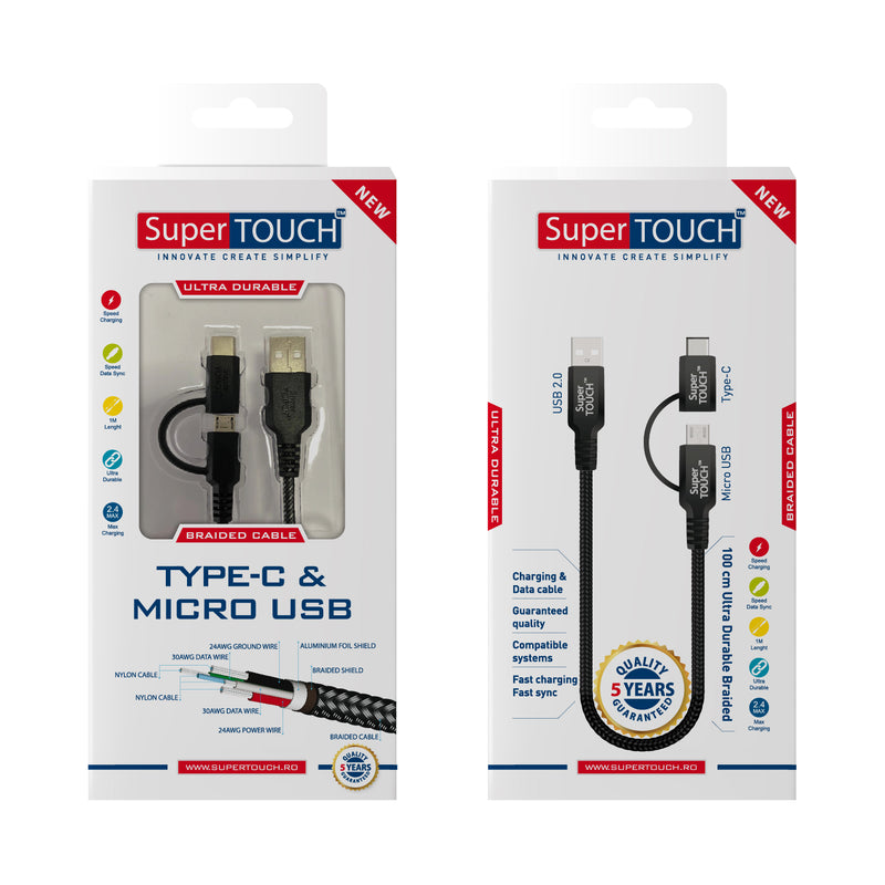 Cablu 2 in 1 Type-C & Micro USB 1.5 m Fast Charging Super TOUCH, negru - 